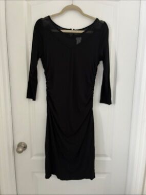 Cache Black Long-Sleeve V-Neck Ruched Sheath Dress